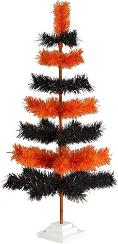 Vista 7 de Árbol de Navidad multicolor naranja y negro con temática de Halloween, cepillo en capas de oropel artificial con soporte incluido (18 pulgadas)