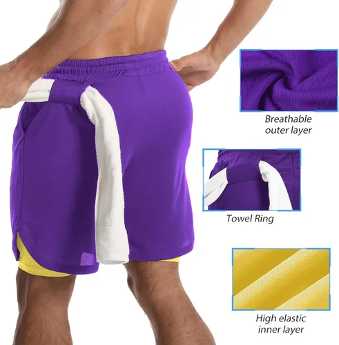 Vista 4 de FLYEVEA Mens 2 in 1 Workout Running Shorts Athletic Yoga Gym 7" Short Clothes with Side Pockets