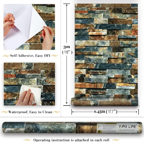 Vista 6 de Papel tapiz de ladrillo sintético para despegar y pegar, azul/rojo óxido, impermeable y extraíble, papel de contacto autoadhesivo para decoración