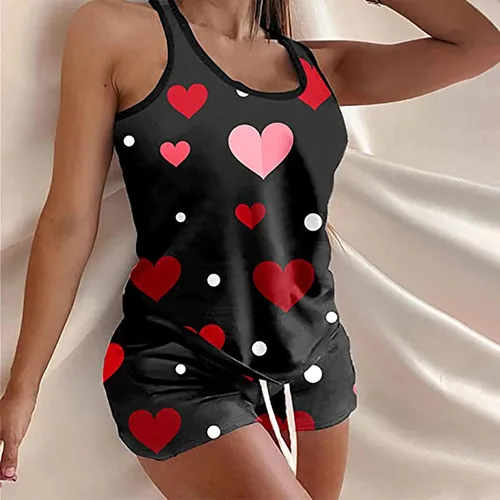 Vista 2 de MELDVDIB Conjunto de pijama para mujer, camisón con estampado de amor para el día de San Valentín para mujer, ropa de dormir sexy, ropa de descanso