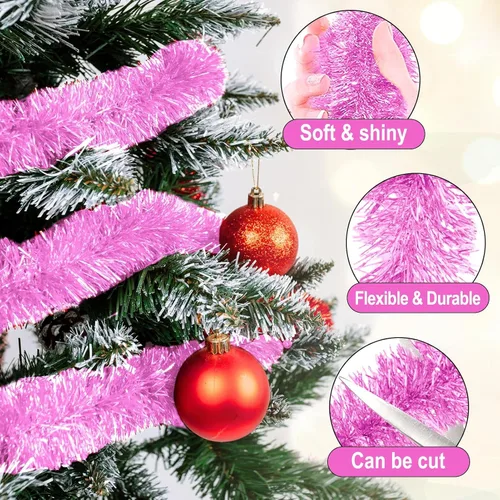 Vista 3 de Guirnalda de oropel de Navidad rosa macarrón de 50 pies, guirnalda de papel de aluminio metálico para colgar en la pared, telón de fondo