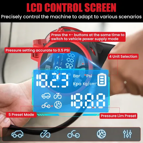 Vista 4 de Inflador de neumáticos compatible con batería MILWAUKEE de 18 V máximo, compresor de aire inalámbrico de 160 PSI con medidor de presión digital LCD