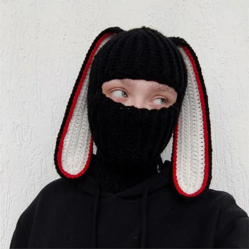 Vista 7 de Gorro de punto Y2k con cuerno de diablo y oreja de conejo largo, máscara de esquí, pasamontañas, accesorios para grunge