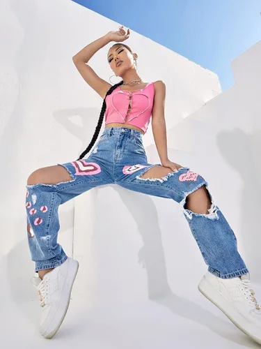 Vista 6 de Floerns Pantalones de mezclilla rectos con estampado de cintura alta y pierna ancha para mujer