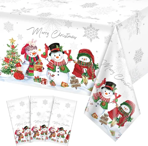 Vista 11 de FunnyPars 3 piezas manteles de muñeco de nieve navideños de plástico, cubierta de mesa de invierno con copos de nieve y árbol de Navidad