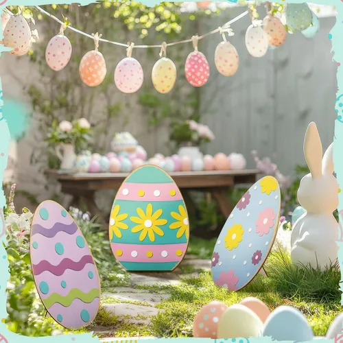 Vista 7 de GlikCeil 3 letreros de madera de Pascua de 17 pulgadas para porche, decoración rústica de bienvenida para fiestas de primavera, fiestas, jardín