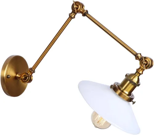Vista 5 de Iluminación estilo loft con forma de platillo, aplique de pared ajustable, pantalla de vidrio blanco lechoso, brazo oscilante, lámpara de pared Latón