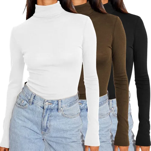 Vista 10 de SUNBS Camisetas de manga larga con cuello alto falso de 3 piezas para mujer Blackbeigecoffee3