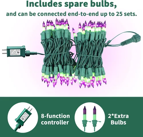 Vista 2 de Luces de cadena navideñas mini de 100 unidades en morado y verde, con certificación UL, equipadas con 8 modos de iluminación, perfectas para patios