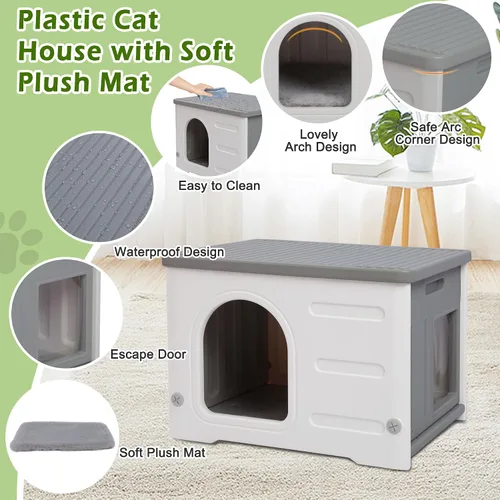 Vista 3 de Casa impermeable para gatos al aire libre, casa de plástico para gatos con puerta de escape y alfombrilla suave, refugio grande para gatos