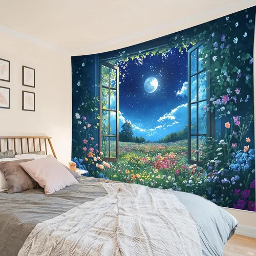 Vista 15 de LB Tapiz de cielo nocturno y océano, tapiz de luna llena sobre el agua, tapiz para colgar en la pared, tapiz de fantasía mágica de acuarela 3D, arte