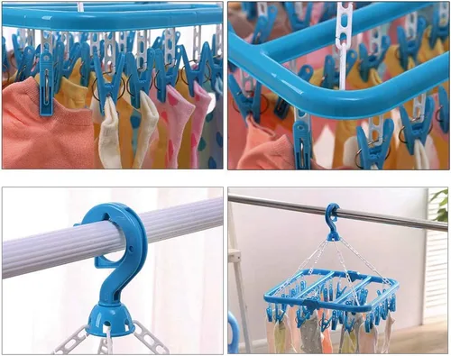 Vista 7 de SteelFever Percha de secado de ropa con 32 clips, estante de secado plegable para ropa interior y calcetines (azul)