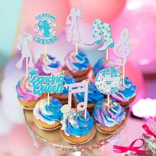 Vista 5 de 24 piezas de decoración de cupcakes de reina bailarina con brillantina, bola de discoteca, notas musicales, cantante, baile, cupcakes, temática