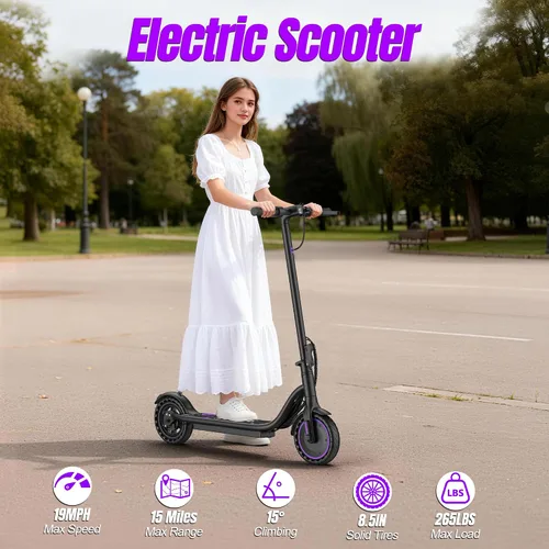 Vista 6 de Electric Scooter Adults & Kids,350/250W Powerful Motor,15/10 Miles,19/9 Mph,8.5/6.5" E Scooter with LCD Display Púrpura