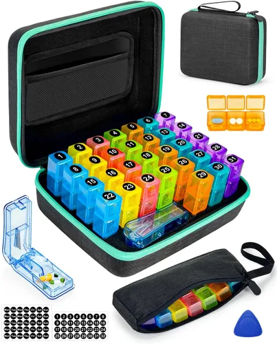 Vista 9 de Organizador de pastillas mensual 2 veces al día, con funda dura portátil, cortador de pastillas, caja de 31 días, palillo de apertura de plástico