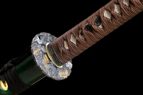 Vista 2 de Katana verde hecha a mano, espada samurái japonesa 1095 de arcilla de acero templada, hoja de afeitar de espiga completa, afilada, regalos para él