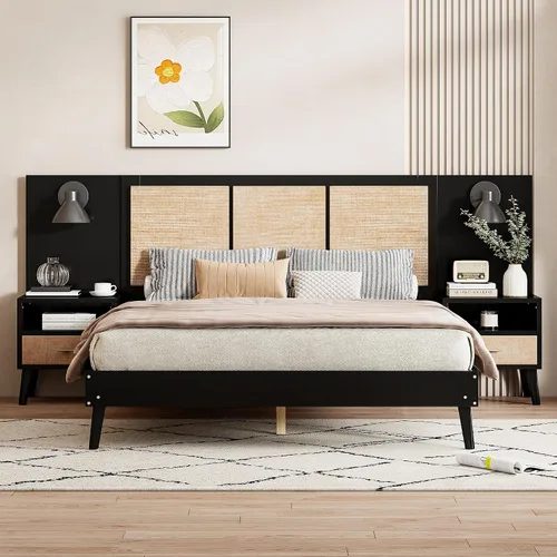 Vista 3 de Harper & Bright Designs Cama de plataforma tamaño Queen con 2 mesitas de noche y 2 lámparas, cama Queen de madera con cabecero, combinación de ratán