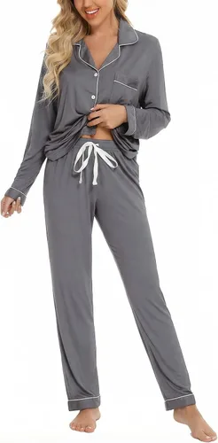 Vista 16 de Leikar Button Up Pajamas For Women Long Sleeve Viscose Soft Pjs Lounge bean paste