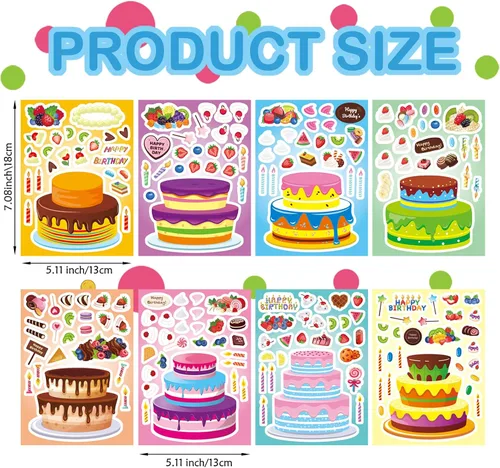 Vista 3 de DUJAA 24 hojas de calcomanías de cumpleaños, calcomanías Make-a-Cake para niños, juego de calcomanías de pastel de cumpleaños, color