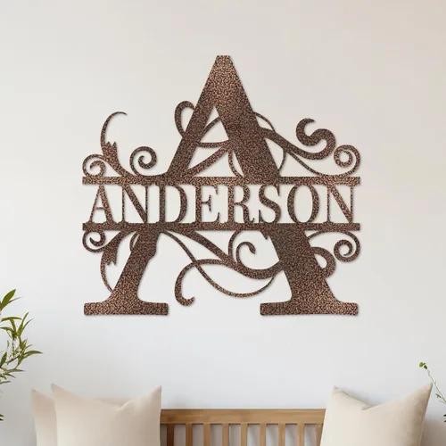 Vista 5 de Letrero de metal personalizado con nombre Arte de pared de metal Decoración de pared con monograma de letra dividida Regalo de boda