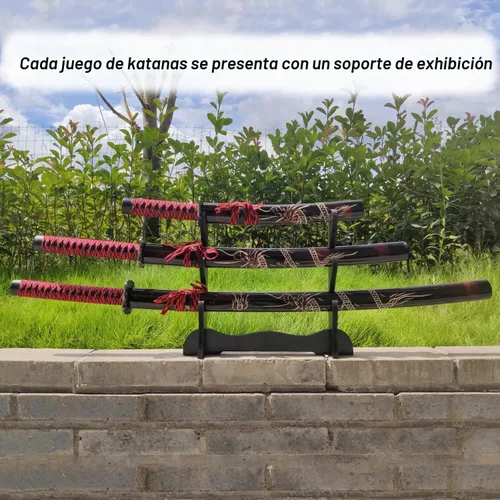 Vista 5 de Set de 3 espadas japonesas de Samurai con soporte de exhibición, Katana de Iaido con hoja de acero al carbono, espada real para exhibición