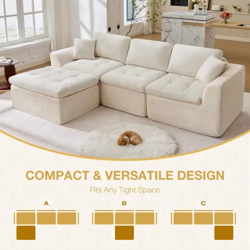 Vista 3 de Sofá modular de nube de 110 pulgadas para sala de estar, sofá modular tapizado en forma de L con otomana móvil, sofá de espuma de asiento profundo