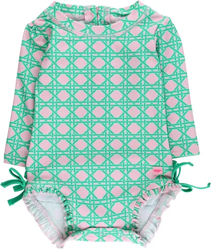 Vista 52 de RuffleButts - Traje de baño de una pieza con protección solar UPF 50+, camiseta de protección floral estampado, manga larga, con cierre zipper