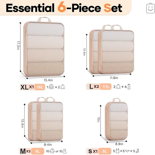 Vista 2 de Veken Juego de 6911 cubos de compresión para artículos esenciales de viaje, bolsas organizadoras compresibles expandibles grandes para maletas