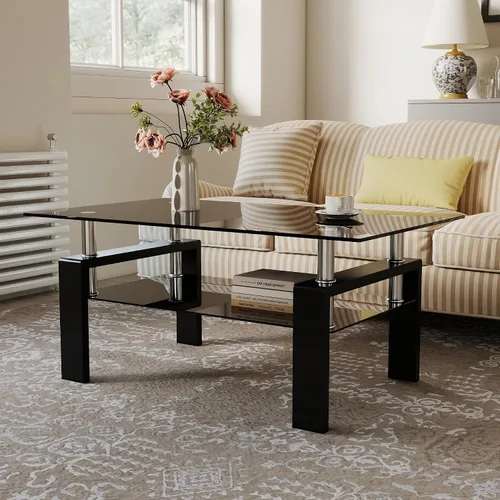 Vista 4 de IANIYA Mesa de Centro de Vidrio, Mesa de Centro Rectangular Negra para Sala de Estar con Vidrio Templado y Tubo de Metal, 2 Niveles de Espacio