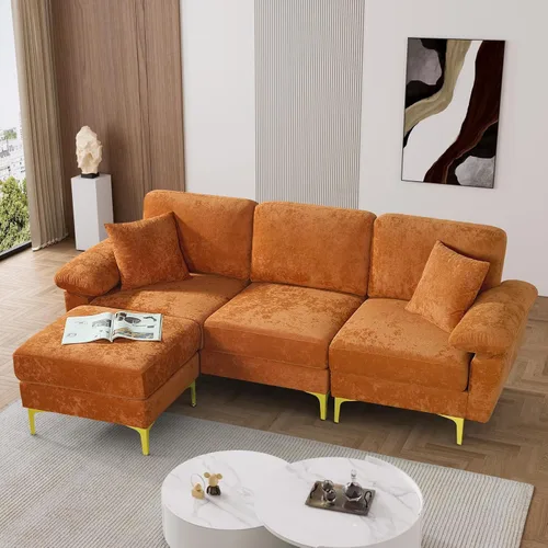 Vista 27 de OUYESSIR Sofá modular en forma de L, sofá de terciopelo de 3 plazas con otomana y almohadas, cómodo sofá cama tapizado para sala de estar, Verde