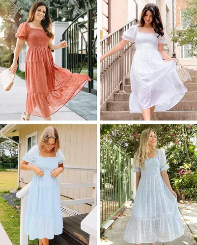 Vista 5 de MEROKEETY - Vestido de verano con lunares suizos para mujer vestido midi con cuello cuadrado, mangas abombadas, volados, lazo en la espalda