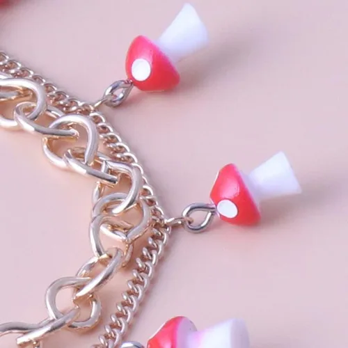 Vista 7 de Rrdaily Tobillera de doble capa con forma de hongo, bonita pulsera de hongo rojo, pulsera combinada para mujeres y niñas, Sin gemas.