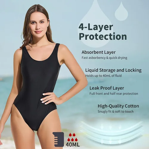 Vista 2 de feitycom Traje de baño menstrual negro de una pieza a prueba de fugas para adolescentes, niñas y mujeres