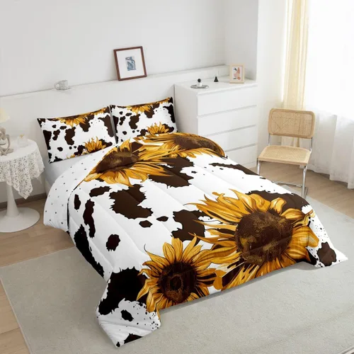 Vista 2 de Juego de edredón con estampado de vaca marrón para niñas y niños, edredón de plumón de piel de vaca de las tierras altas, ropa de cama de piel