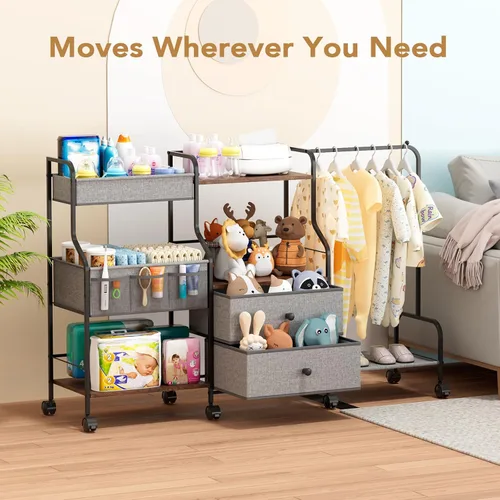 Vista 4 de BBLIKE Organizador de pañales con estante para colgar, carrito utilitario rodante de 3 niveles con cajones y divisores para almacenamiento