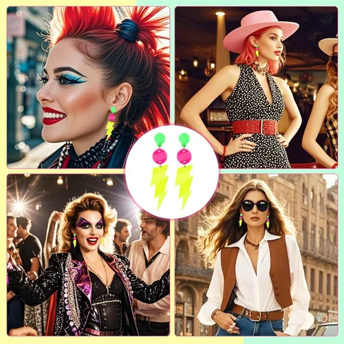 Vista 7 de Atuendos de los años 90 aretes de neón para mujer, aretes colgantes retro con diseño colorido de rayo, accesorios de fiesta para fiestas temáticas