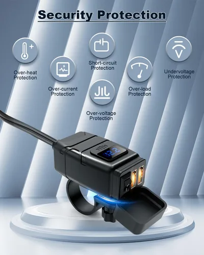 Vista 4 de EXTRACTME Cargador USB para motocicleta, 6.8A Carga rápida 3.0 Cargador de teléfono USB dual para motocicleta con voltímetro y interruptor