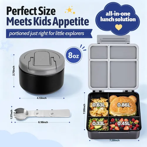 Vista 5 de MAXSO Set de Lonchera Bento para Niños con Termo de Sopa de 8 oz, Envase para Comida Caliente a Prueba de Fugas con 4 Compartimentos, Tarro