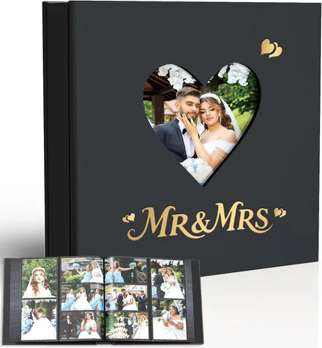 Vista 11 de Álbum de fotos de boda de 4 x 6 pulgadas con 400 bolsillos, libro de recuerdos de cuero beige grabado personalizado para compromiso, despedida