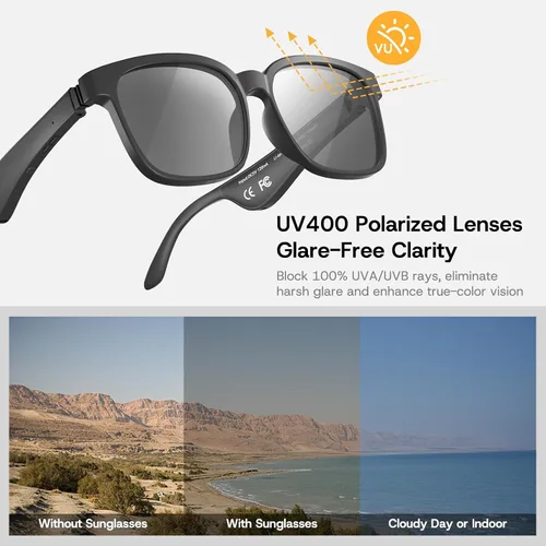 Vista 2 de Lentes inteligentes, lentes de sol polarizados con altavoz Bluetooth 5.3 para hombres y mujeres, protección UV400 con control de voz y control