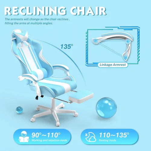 Vista 7 de Ferghana - Silla de juego Kawaii en azul claro con orejas de conejo, silla Gamer ergonómica y linda con reposapiés y masaje, silla de juego