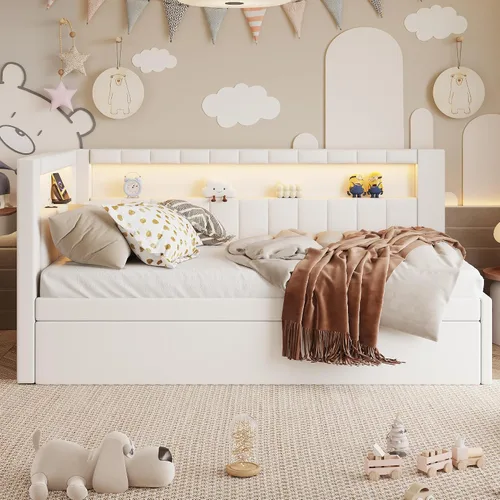 Vista 4 de Cama de plataforma tapizada de tamaño individual con puertos USB y luces LED, sofá cama con nido y cabecera en forma de L, cama esquinera suave