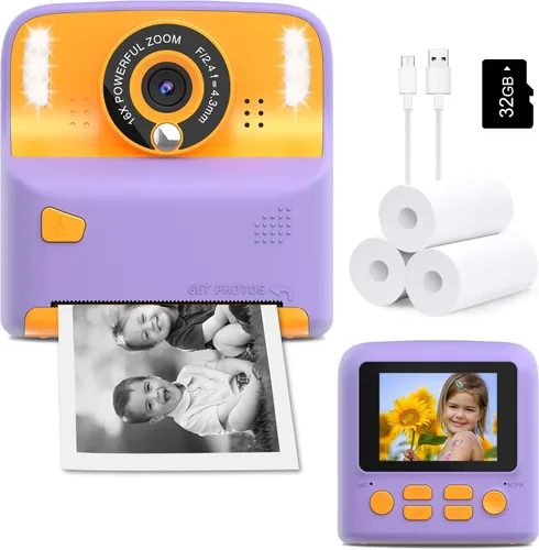 Vista 8 de Amzelas Cámara de impresión instantánea para niños, cámara portátil de juguetes para niños pequeños, imprime fotos en blanco y negro al instante