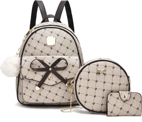 Vista 24 de I IHAYNER Mochila de cuero de moda de 3 piezas con lazo para niñas, mochila, bolso para mujer, mochila para damas, bolsa de hombro Beige