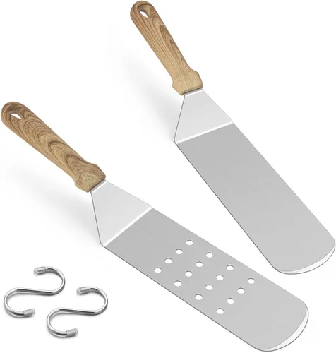 Vista 9 de HaSteeL Espátula de plancha de metal, acero inoxidable larga con mango remachado, girador de hamburguesas perforado resistente y sólido para cocinar