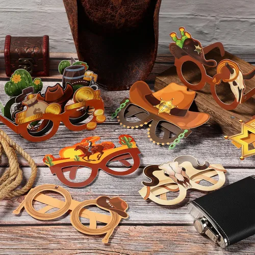 Vista 3 de Jenaai 24 gafas de papel para fiestas occidentales, accesorios de cabina de fotos de vaquero para adultos, suministros de decoración de fiesta