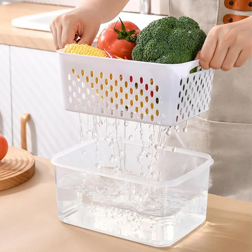 Vista 4 de Juego de 3 recipientes de almacenamiento de frutas para refrigerador con colador extraíble, tapa con colador, verduras y frutas, plástico sin BPA