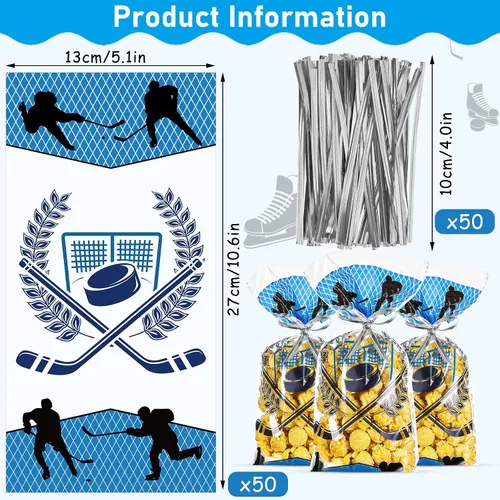 Vista 2 de Chinco 50 bolsas de regalo de hockey con temática de hockey de celofán, bolsas de golosinas con lazos dorados, regalos de fiesta deportiva