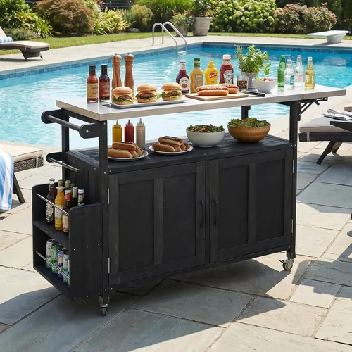 Vista 12 de JIVOIT Isla de cocina al aire libre de 78.3 pulgadas con mesa plegable, carrito de madera para exteriores con almacenamiento de basura y parte