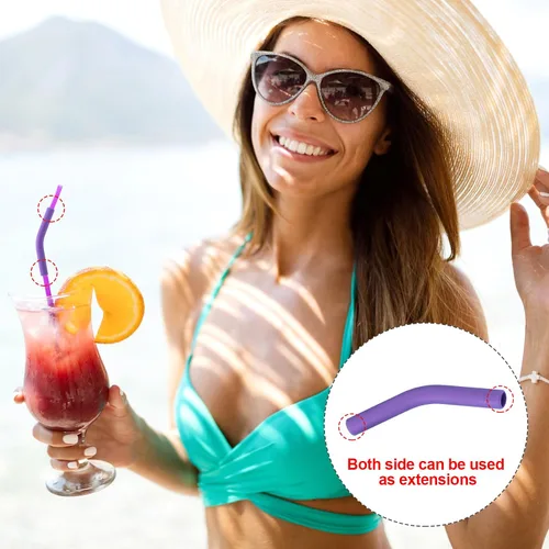 Vista 4 de HINZIC 12 puntas de silicona reutilizables para pajitas de goma de grado alimenticio, puntas de repuesto para codo flexible de color morado